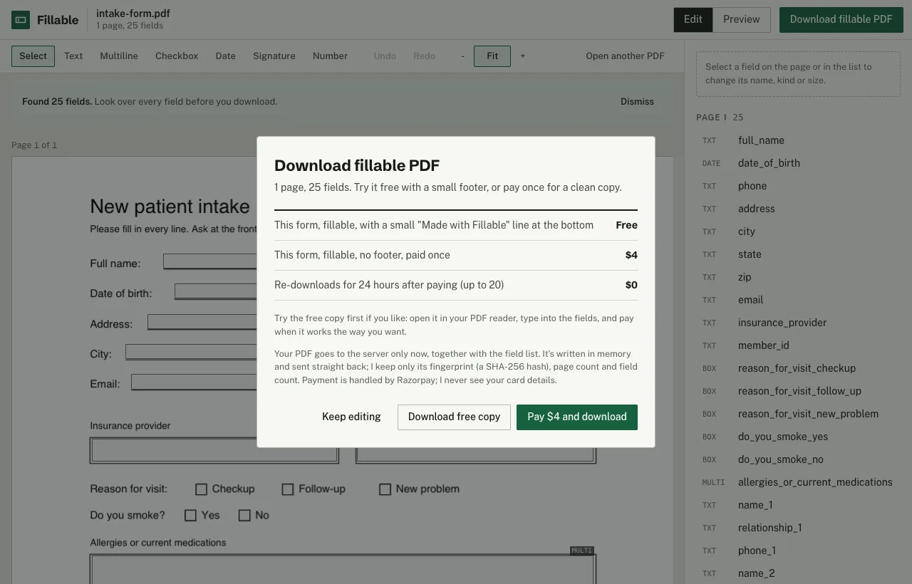 Fillable's download dialog for a one-page form: a free copy with a small Made with Fillable line, or $4 once for the same form without it, with buttons Keep editing, Download free copy and Pay $4 and download.
