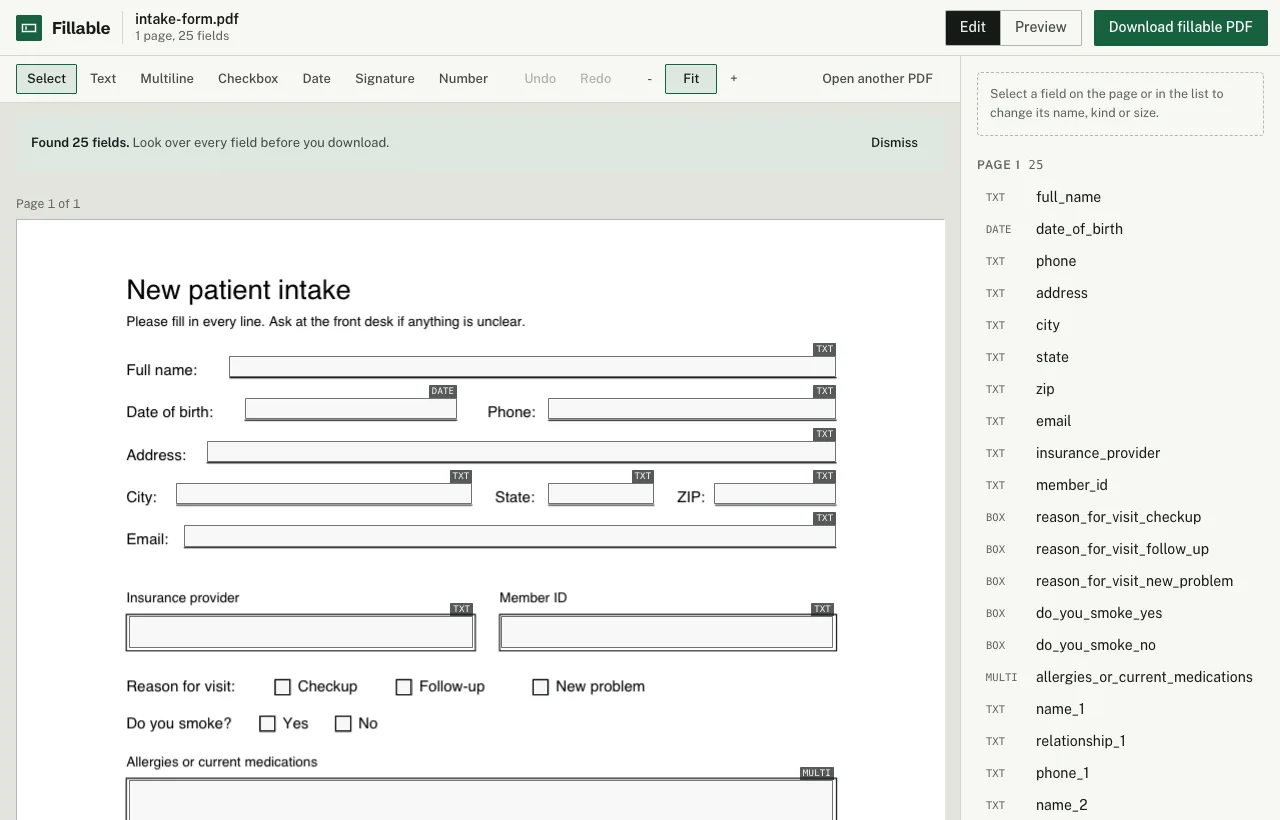 Fillable's editor with a one-page patient intake form. Each blank has an outline with a small tag for its kind (TXT, DATE, MULTI), and the list on the right shows 25 named fields such as full_name, date_of_birth and reason_for_visit_checkup.