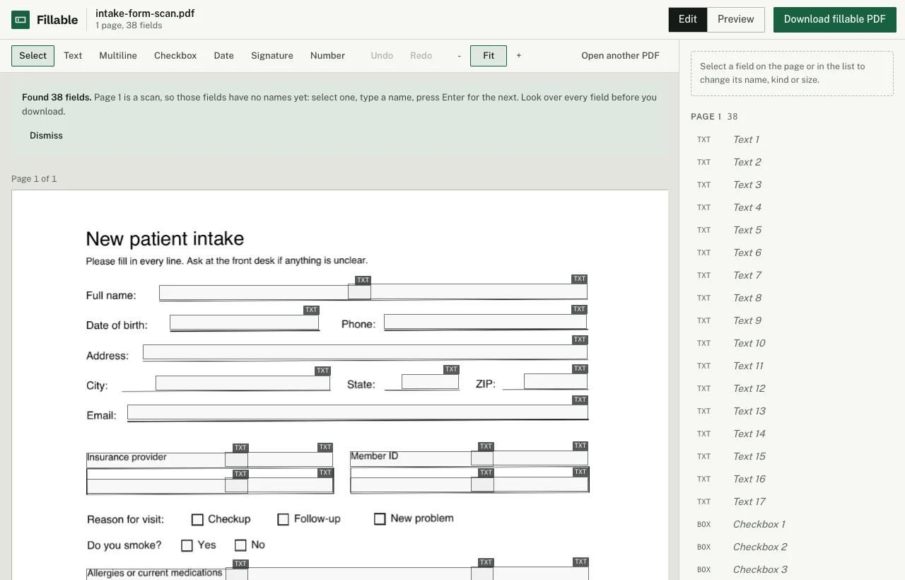 Fillable's editor with a scanned intake form. A notice says 38 fields were found and that fields on a scanned page have no names yet. The field list shows Text 1, Text 2 and so on.